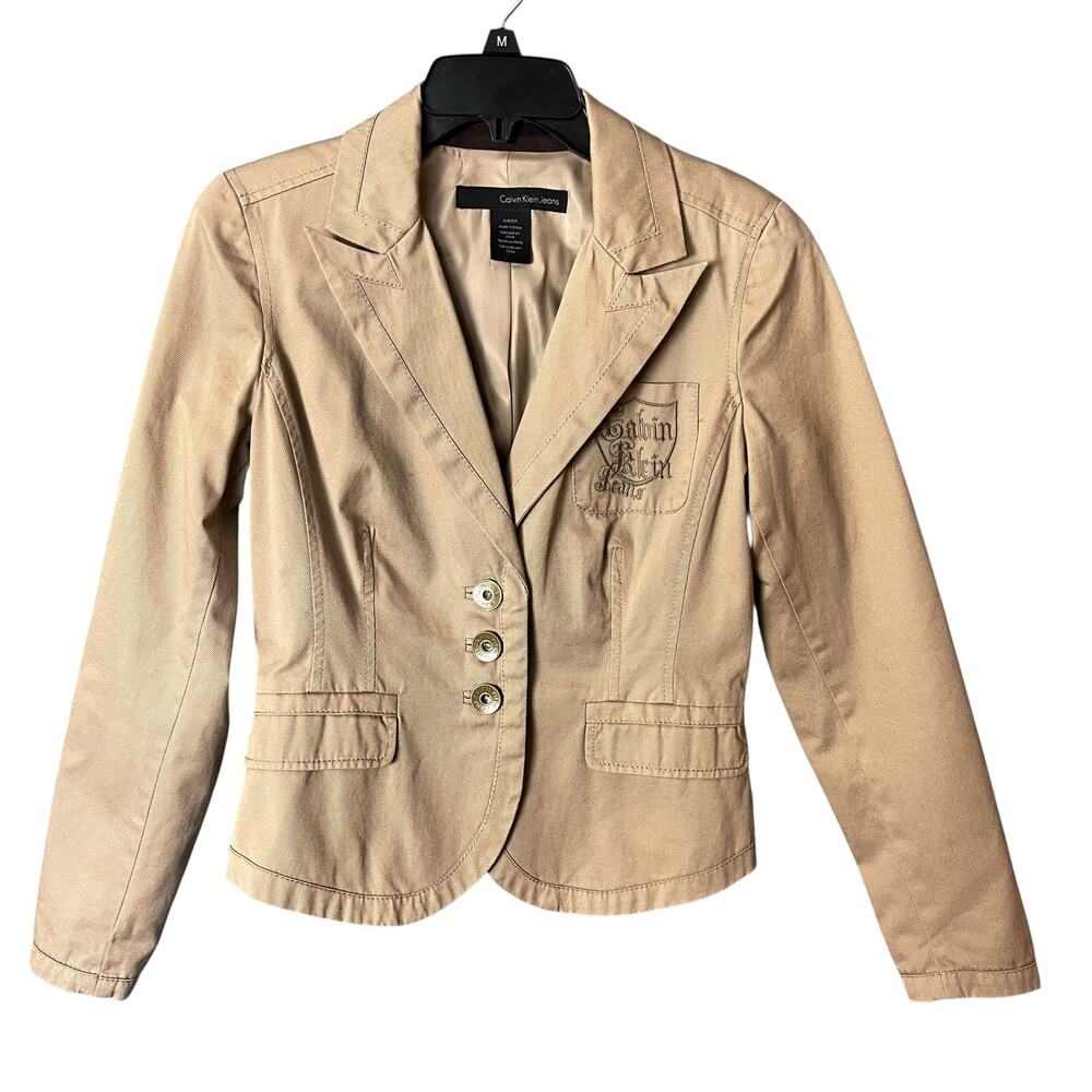 Calvin Klein Jeans Embroidered Beige Jacket 8P Spellout Cropped Neutral